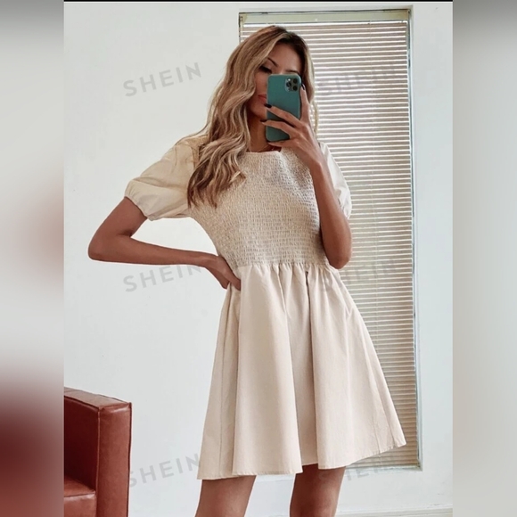 SHEIN Dresses & Skirts - SHEIN Women's Khaki Unity Smocked Bodice Solid A-Line Mini Dress Size Small EUC